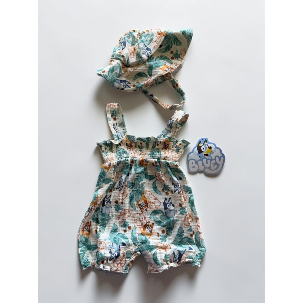 Bluey Muslin Romper and Sun Hat Set 0-3M Tropical Floral Bluey Bingo Outfit